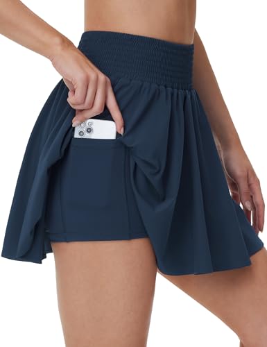 THE GYM PEOPLE Women's Flowy Tennis Skorts High Waisted Pleated Athletic Golf Skirts Built-in Shorts with Pockets Blue