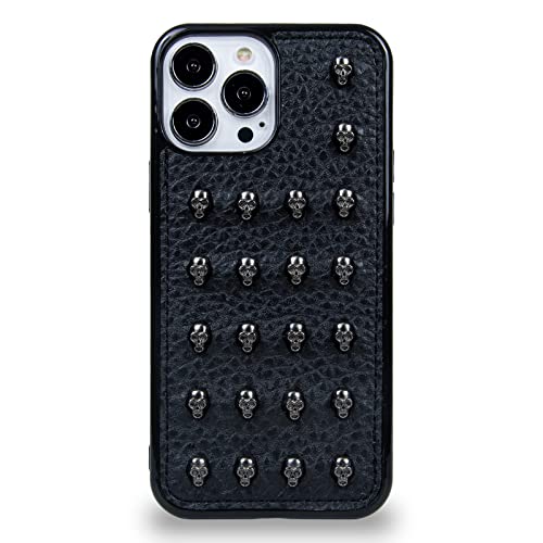 CHANROY Compatible with iPhone 15 Pro Max Case(6.7 inch) Black Punk Leather Rock Style Cool Case Cover for Men and Women(Skull Studded)