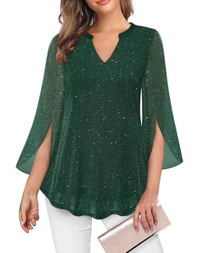 VALOLIA Womens Blouses Dressy Casual: Christmas - Tunic Tops for Women Loose Fit Dressy - Flowy Winter Blouses Plus Size Evening Party Tops for Women Sparkly Green Medium