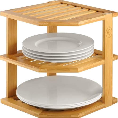Cabinet Organizer Shelf - Bamboo Corner Rack for Kitchen Counter, Cabinet Space Saver for Plates, Dishes, Bowls, Bread Pantry, Bathroom Storage or Countertop Stand, Stackable Design