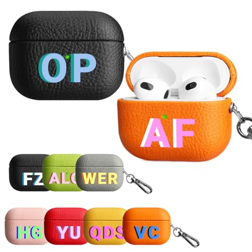 Luxurious Leather Case for AirPods Pro 2 Custom Name Initials Text Personalized for Girl Women Shockproof Protective Cover with Keychain for Air Pods Pro 2nd Gen Carabiner Hard Shell