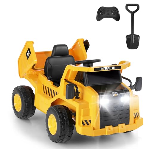 DASHINGNOAH Licensed Caterpillar 12V 7AH Ride on Dump Truck, Kids Electric Cars with Remote Control, Dump Bed, Shovel, LED Lights, Bluetooth/MP3/USB, Battery Powered Cars for Kids to Drive
