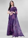 VIRICA Women's Regular Net Organza Digital Print Saree with Unstitched Blouse Peice (Purple)