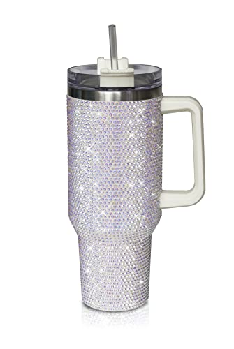 cuteolivia 40 Oz Rhinestone Studded Tumbler with Handle Straw and Lid, Insulated Stainless Steel Double Layer Water Bottle for Women, Reusable Travel Coffee Mug (1200ml) White