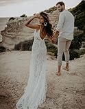 Ayervici Boho Lace Wedding Dress for Brides Cold Shoulder Sleeves V Neck Backless Sweep Train Sheath Long Beach Bridal Gowns(Ivory,US8)