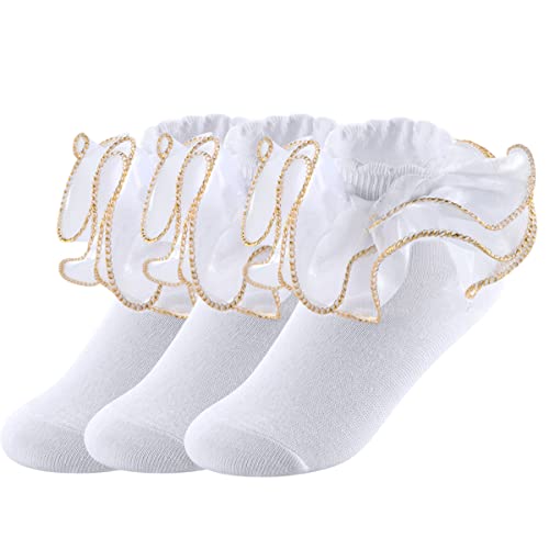 Yepami Big Girls Lace Socks Shimmering Cute Ruffle Comfortable Frilly Dress Ankle Socks 3 Pairs (Gold,S)