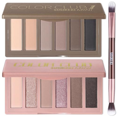 SUSIKEKI 2PCS 6 Colors Mini Naked Eyeshadow Palette Makeup with Brush Set Neutral Nude Eye Shadow Pink & Brown Matte Shimmer Make Up Pallet with Mirror Highly Pigmented Travel Size Gift Kit