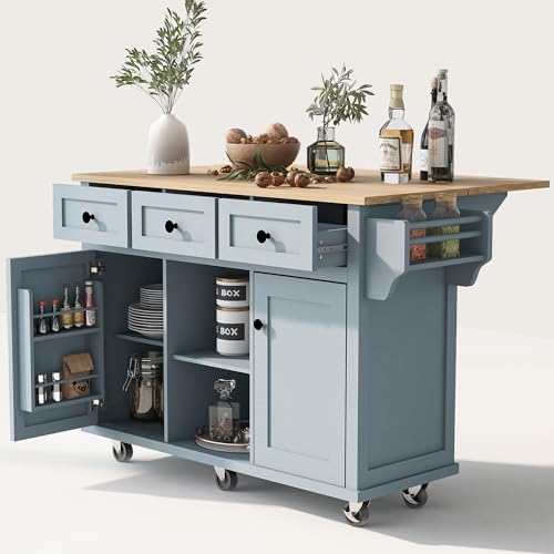 LUMISOL Kitchen Island with Drop Leaf, Rolling Kitchen Island Cart with Internal Storage Racks, Wood Kitchen Island on Wheels with Drawers, Spice Rack & Towel Rack, for Kitchen, Gray Blue