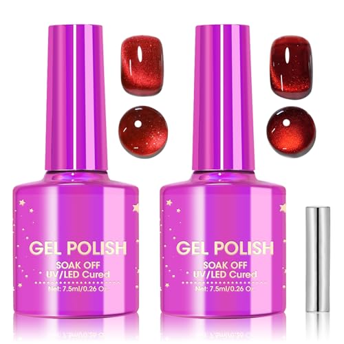 QIUFSSE 2PCS Red Cat Eye Gel Polish,Burgundy Magnetic Gel Nail Polish,Holographic UV Nail Polish for Manicure Salon DIY at Home,Shimmer Esmalte Ojo de Gato Para Uñas Gel