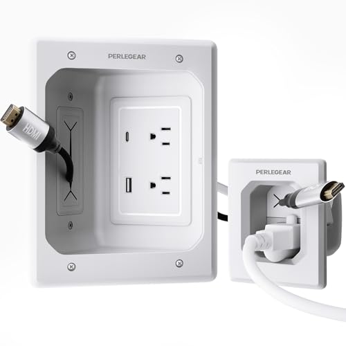 Perlegear Cord Hider for Wall Mount TV with AC Outlets, USB-A and USB-C Ports, in-Wall Cable Management Kit, Includes Drill Templates, Dust Bags, Drywall Saw, Extension Cord