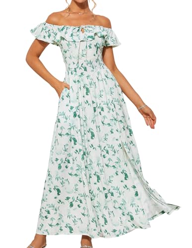 Women's Spring Dresses Ruffle Off Shoulder Swing A Line Sundress Beach Long Maxi Outfits White Green L