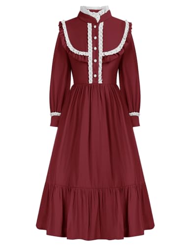 Pioneer Dresses for Girls Long Sleeve Victorian Prairie Dress Wine Red 10Y