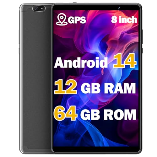 Tablet 8 inch, Android 14 Tablet with GPS Built in,12GB RAM 64GB ROM (1TB Expand), 8MP Camera, 2.0GHz Processor, 2.4GHz&5GHz Wi-Fi/BT5.0, FHD Screen Tablets for Gaming