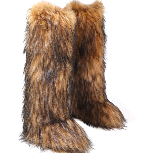 Valpeak Womens Faux Fur Boot Winter Fluffy Long Furry Boots for Girls Outdoor Fuzzy Knee-High Boots(Brown,8)