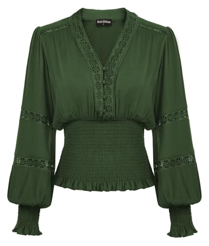 Women Renaissance Shirt Lantern Sleeve Peasant Blouse Smocked Boho Tops Dark Green Large