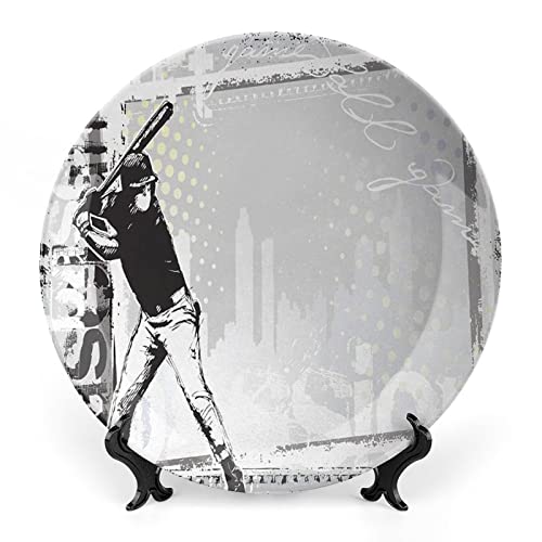 LIGUTARS Decorative Plates, Baseball Print Ornament, Hitter in Field Graphic Distressed Backdrop, 6 Inch, 1 Plate with 1 Display Stand, Black White