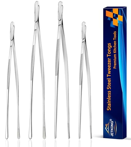 JETKONG 4 Pcs Kitchen Tweezers, 12'' and 10'' Stainless Steel Cooking Tweezers Set, High-Precision Tweezer Tongs for Cooking, Repairing, Seafood and BBQ (Silver)