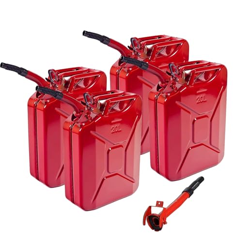 2025 Upgraded Water Container for Camping 20L 5 Gallon Metal Can with Spout for Garden Equipment,Travel and Camping (Red) (4 Pack)