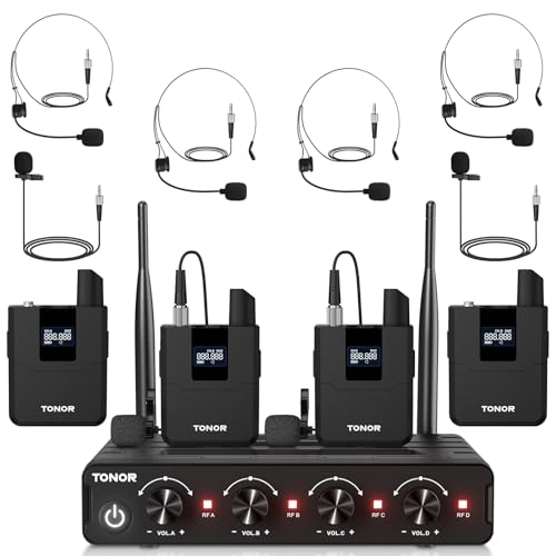 TONOR Wireless Microphones System with UHF Headset/Lavalier Lapel Mics, Bodypack Transmitter, Receiver, 4 * 10 Channels, 200ft Range for Church Conference Performance Singing Karaoke PA Speaker Mixer
