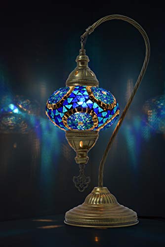 mozaist Turkish Lamp, Swan Neck Mosaic Table Lamp, Moroccan Decorative Glass Antique Bohemian Vintage Lamp Shade, Tiffany Desk Bedside Stained Glass Lamp with US Plug and E12 Socket
