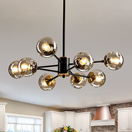 Qgiytp 8-Light Glass Globe Sputnik Chandelier Matte Black and Gold Mid Century Modern Ceiling Light Fixture Adjustable Vintage Hanging Pendant Lighting for Dining Room Kitchen Bedroom Farmhouse