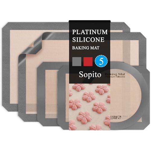 Platinum Silicone Baking Mat Set of 5 (Half, Quarter Sheet and Round), Sopito Food Safe Silicone Baking Sheet, Heat Proof 480℉ Cooking Mat, Grey