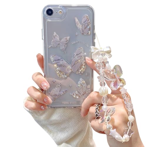 Fycyko Compatible for iPhone 7/8/SE Case Cute Butterfly Pattern Clear Design Aesthetic Women Teen Girls Glitter Pretty Crystal Sparkle Sparkly Phone Cases Protective Cover+Butterfly Chain
