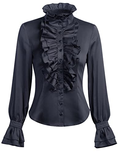 VANGARSUN Women Victorian Gothic Ruffled Lotus High Neck Lace Lantern Long Sleeve Top Blouse Shirt(Black,L)