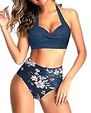 Tempt Me Women's Vintage Swimsuits Navy Floral Retro Halter Ruched High Waist Bikini with Bottom L