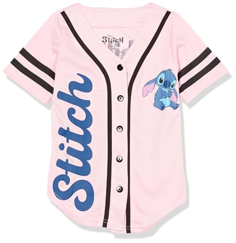 Disney Big Girls Lilo & Stitch, Angel Baseball Jersey-Classic Mesh Button Down Shirt, Light Pink