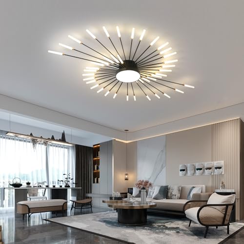 JAYMP Ceiling Light Modern Flower Shape Ceiling Lamp for Living Room Dining Room Flush Mount Metal Acrylic Sputnik Firework Petal LED Lighting Fixture (Matte Black, 42+1 Lights)