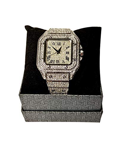 Men's Wrist Watch Band Luxury CZ Diamond Iced Bracelet Watch Roman Numeric Square Dial Watch For Men Women Hip Hop Rapper Choice, Men Watch, Mens Jewelry, Iced Watch Custom Fit, Bust Down Watch