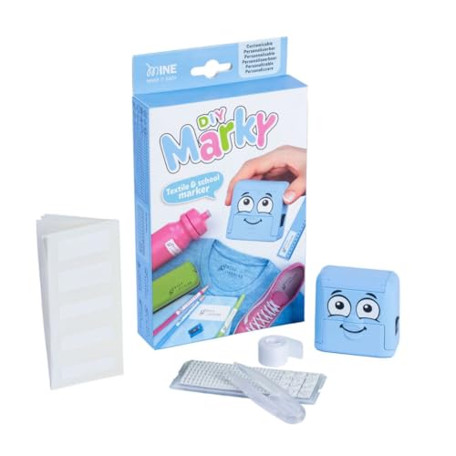 DIY MARKY - Customizable Stamp for Kids | for Children's Clothing and Items | Includes Ink for up to 1000 Impressions | Suitable for All Surfaces | Complete Set with Labels and Thermo Tape (Blue)