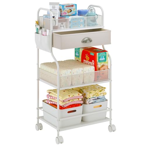 Baby Diaper Caddy Cart Organizer -3 Tier, Bedside Nursery Essentials Cart & Storage Holder for Newborn Baby Stuff, 2+1 Dividers, 1 Drawer,Rolling Utility Cart for Bedroom,Changing Table, Crib