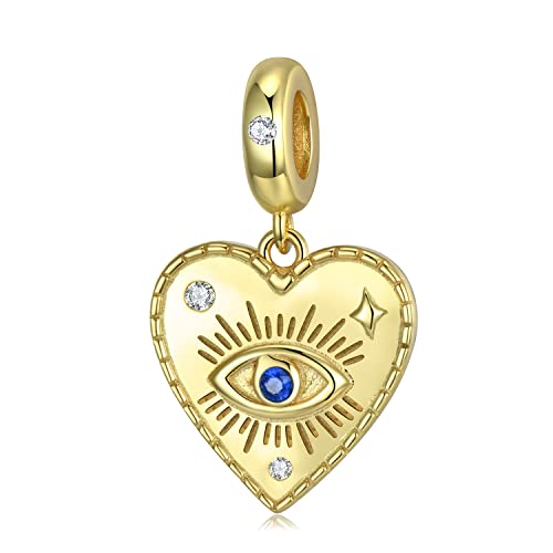 Blue Evil Eye Bead Charms fits Pandora Charms Bracelets 925 Sterling Silver Lucky Charms Pendant Beads Jewelry Gift for Woman (Gold Plated Heart Evil Eye Dangle)