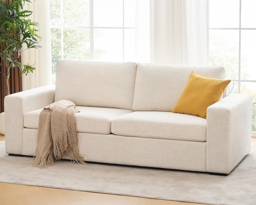 ELUCHANG 85" Modern Sofa Couches for Living Room, 3 Seater Sofa, Natural Linen Deep Seat Sofa with Upholstered Cushion&Detachable Cover, Comfy Sofa Couch for Small Space, Apartment, Cream