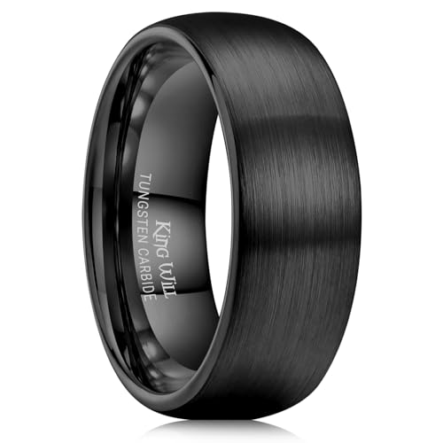 King Will 8mm Black Tungsten Carbide Ring for Men Women Engagement Wedding Band Domed Matte Brushed Finish Comfort Fit, Size 10.5