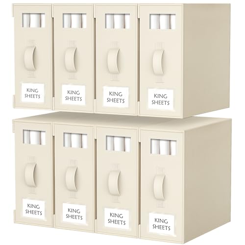 Criusia Bed Sheet Organizers and Storage, 8 Pack Foldable Linen Closet Organizer Box – Bedding Holder for Sheet Set (King/Queen Sizes), Duvet Covers, Blankets (Beige)