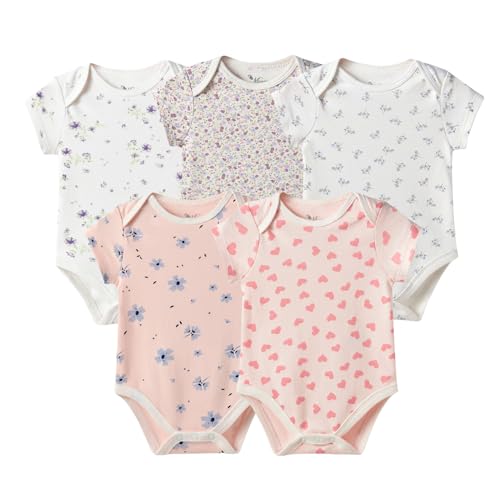 Baby Girls Short-Sleeve Bodysuit,100% Cotton 5 Pack of Baby Girls Clothes,0-24 Months Soft Breathable Summer/Spring Rompers