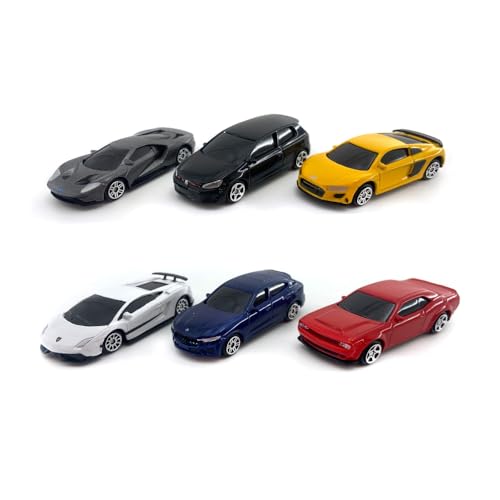 Just For Laughs 6 Diecast Metal Cars, 1:64 Scale Mini Car Set, Officially Licensed Lamborghini Gallardo Superleggara, Dodge Challenger, Maserati Levante GTS, Ford GT, Audi R8 Coupe, Volkswagon Golf