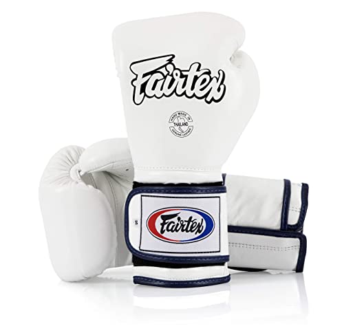 Fairtex Muay Thai Boxing Gloves BGV9 - Heavy Hitter Mexican Style Training & Sparring Gloves for Kick Boxing MMA K1 (White/Blue Piping, 16 oz)