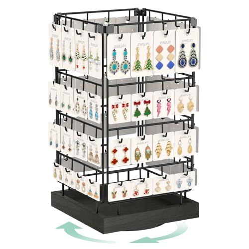 EsLuker.ly Rotating Earring Display Holder Stand for Vendors Events Selling, Large Capacity 64 Hooks Jewelry Rack with Wooden Base for Earring Card Sales, Enhances Retail Visibility