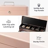 Volcora Large Cash Box with Key Lock, Metal Money Box for Cash, Portable Locking Safe Box with Money Tray, Durable Money Saving Organizer for Yard Sale, Garage Sale, Small Business, Rose Gold