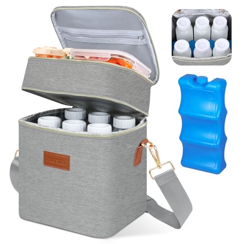 PIIOSER Breastmilk Cooler Bag with Ice Pack Fits 6 Baby Bottles Up to 9 Ounce, Insulated Baby Bottle Tote Bags, Double Layer Waterproof Leak-Proof with Shoulder Strap for Nursing & Working Mom (Grey)