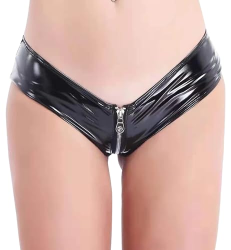 FEOYA Women Wetlook Crotch Zipper Faux Leather High Waisted Booty Shorts Brief Style Bottoms Small