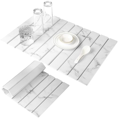 Large Stone Dish Drying Mats for Kitchen Counter 24"(L)×16"(W) Foldable Quick Dry Stone Dish Drying Mats Kitchen Absorbent Diatomaceous Earth Drying Stone Mat for Dishes Bottles Cups Marble White