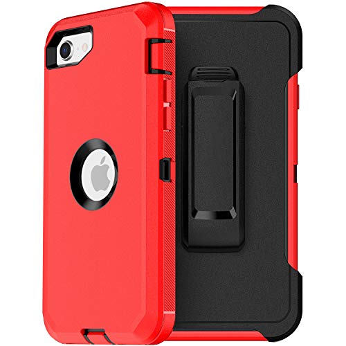 MXX Case Designed for iPhone SE Case 2020 /SE 2022 Heavy Duty Protective Case with Screen Protector [3 Layers] Rugged Rubber Protection Cover & Rotating 360 Degree Belt Clip SE 3rd/2nd Gen (Red/Black)