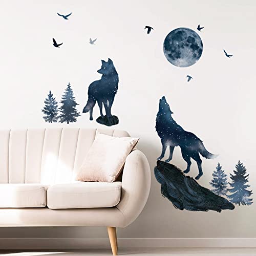 wondever Wolf and Moon Wall Stickers Wolves Mountain Peel and Stick Wall Art Decals for Bedroom Living Room Baby Nursery