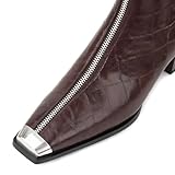 Husmeu Womens Handmade Ankle Boots Low Heel Genuine Patent Leather Square Toe Front Zipper Booties Brown Size 7