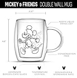 JoyJolt Aroma Disney Mickey and Pluto 13.5oz Glass Cups Set. 2 Insulated Double Wall Glass Coffee Cups, Insulated Coffee Cup Set. Unique Coffee Mugs, Large Espresso Cups. Disney Cups and Disney Mugs.